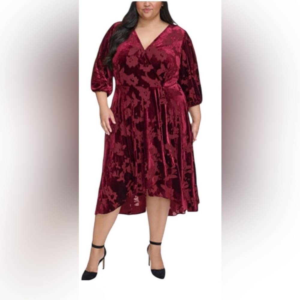 Calvin Klein Plus Size Red Burnout Velvet Floral-Print Wrap Sheer Dress R13C